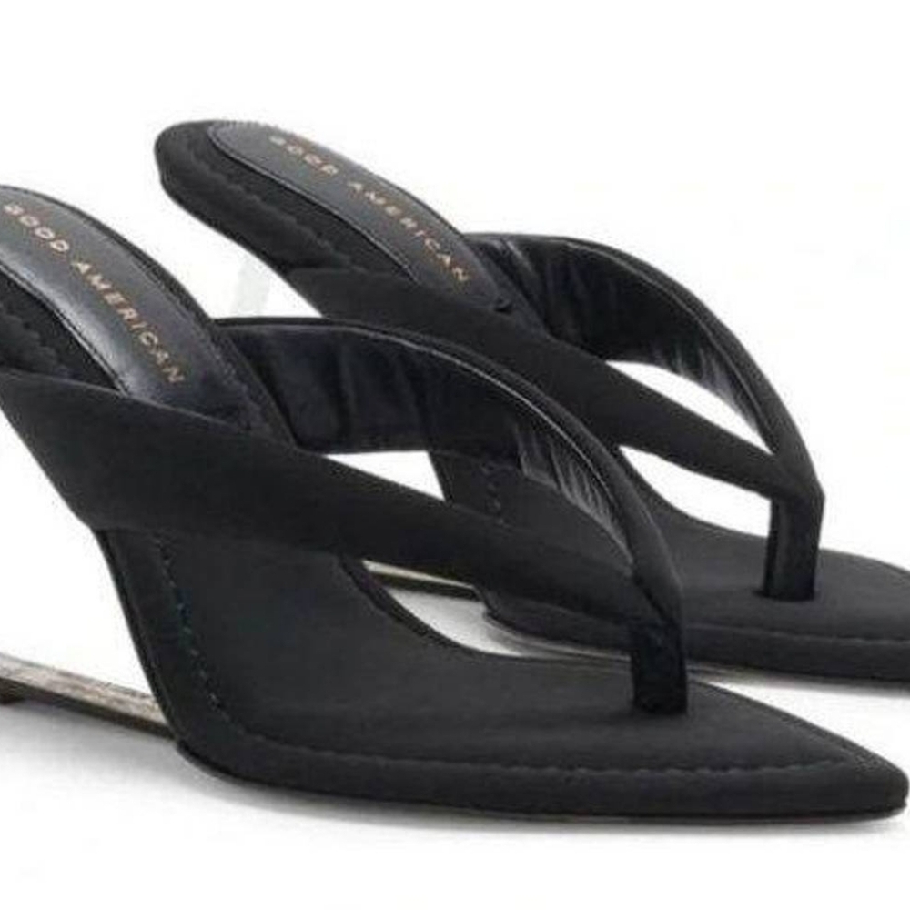 NEW.  Good American Cinder-f*king-rella Black Thong Clear Sandal Wedges - Picture 2 of 5